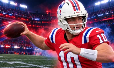 Drake Maye five touchdowns Patriots beat Raiders